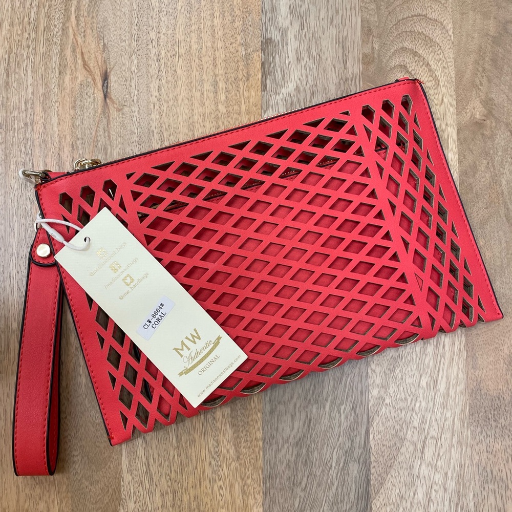 Madison West coral clutch NWT faux leather